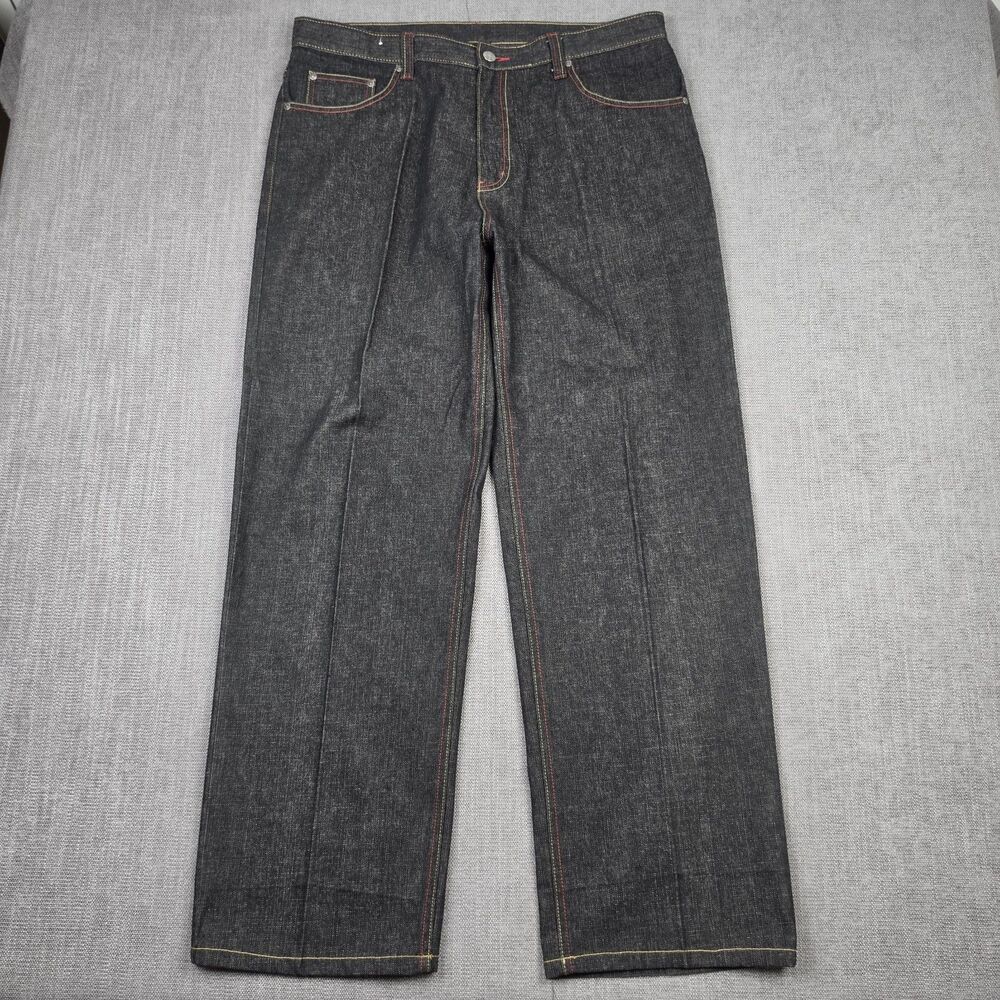 ​Chams Mens Vintage Y2k Baggy Raw Denim Jeans Sz 36 Wide Straight Leg Red Stitch